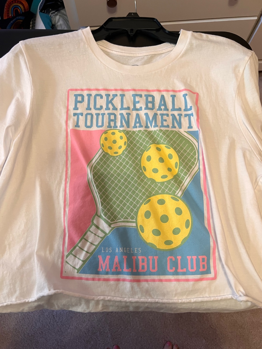 Pickleball Tournament Graphic Tee - White with Pink, Blue & Yellow